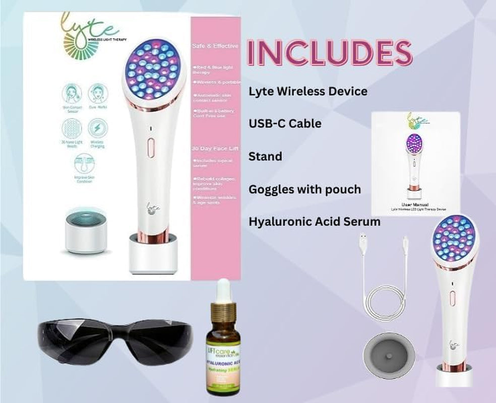 Lyte Wireless DUO Red & Blue LED Light Therapy for Face Includes Hyaluronic Serum Automatic Red and Blue LED Light Therapy Anti-Aging Wrinkle Reduction Device, White